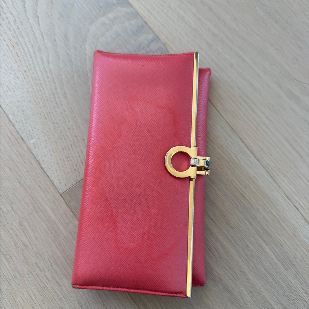 Salvatore Ferragamo Red Wallet with Gold Accent Authentic